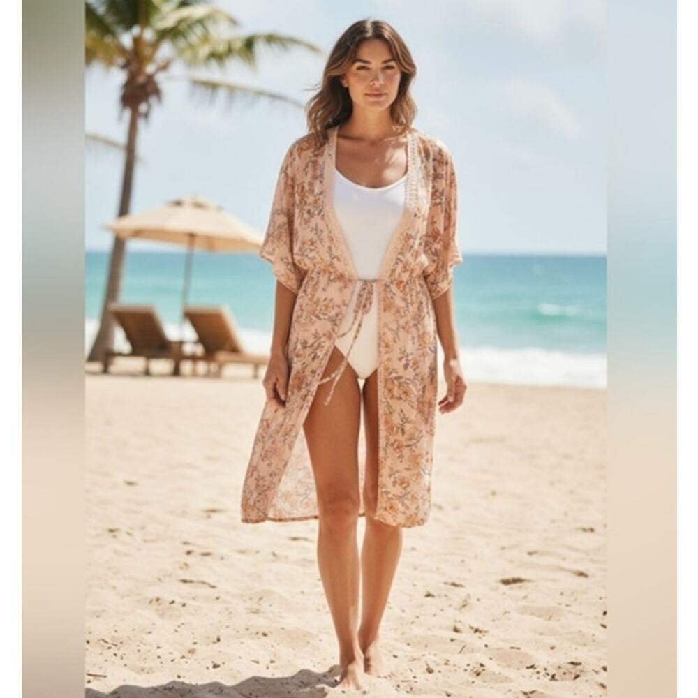 Derek Heart Coverup Robe Floral Print Kimono Sz Large Pink Flowy Boxy Fairycore